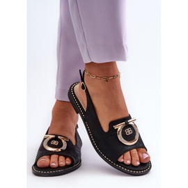 Sandalias de mujer elegantes con decoración dorada en tacones planos, negro S.Barski KV27-053 6