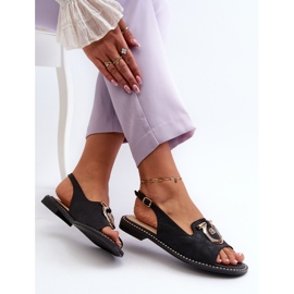 Sandalias de mujer elegantes con decoración dorada en tacones planos, negro S.Barski KV27-053 7