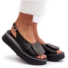 Zazoo 1786 Sandalias de Mujer de Piel con Plataforma y Adorno, Negro 8