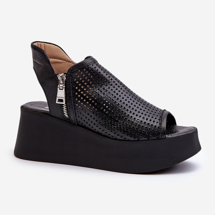 Zazoo 1792 Sandalias De Cuña Caladas De Piel, Negro 1