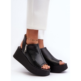 Zazoo 1792 Sandalias De Cuña Caladas De Piel, Negro 2