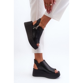 Zazoo 1792 Sandalias De Cuña Caladas De Piel, Negro 6