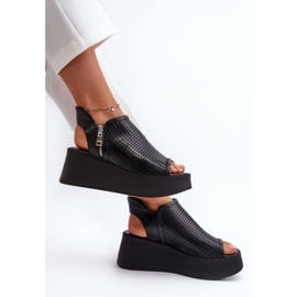 Zazoo 1792 Sandalias De Cuña Caladas De Piel, Negro 7