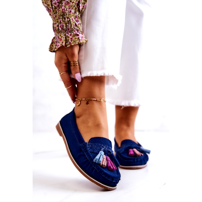 Evento Mocasines de mujer de ante con flecos, azul marino 2