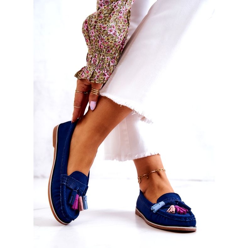 Evento Mocasines de mujer de ante con flecos, azul marino 3