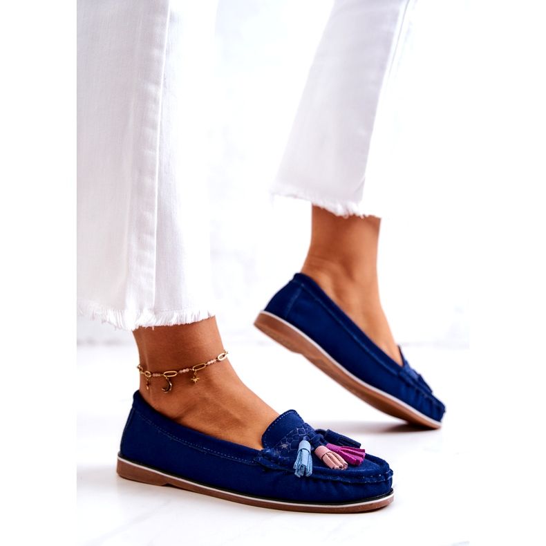 Evento Mocasines de mujer de ante con flecos, azul marino 5