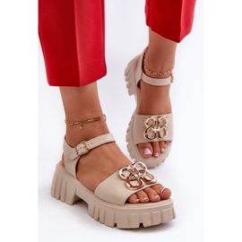 Sandalias Mujer Piel Beige Con Adorno Dorado Vinceza 7910 4