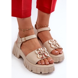Sandalias Mujer Piel Beige Con Adorno Dorado Vinceza 7910 5
