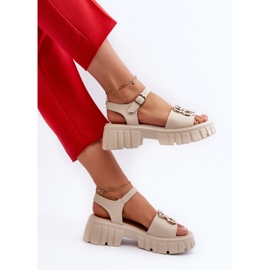 Sandalias Mujer Piel Beige Con Adorno Dorado Vinceza 7910 7