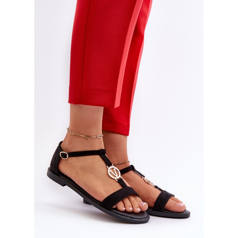 Sandalias Planas De Mujer Con Adorno Dorado Vinceza 17321 Negro 2