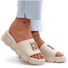 Chanclas Mujer De Piel Con Adorno Dorado Sobre Cuña Vinceza 41444 Beige 8