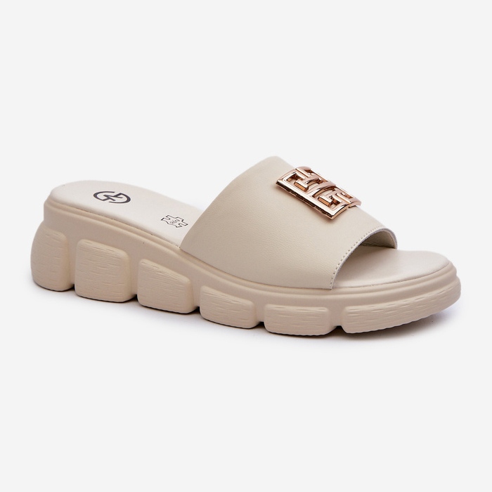 Chanclas Mujer De Piel Con Adorno Dorado Sobre Cuña Vinceza 41444 Beige 1