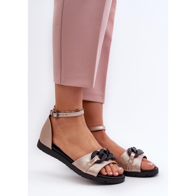 Sandalias Planas De Mujer Con Cadena Vinceza 17320 Dorado 2