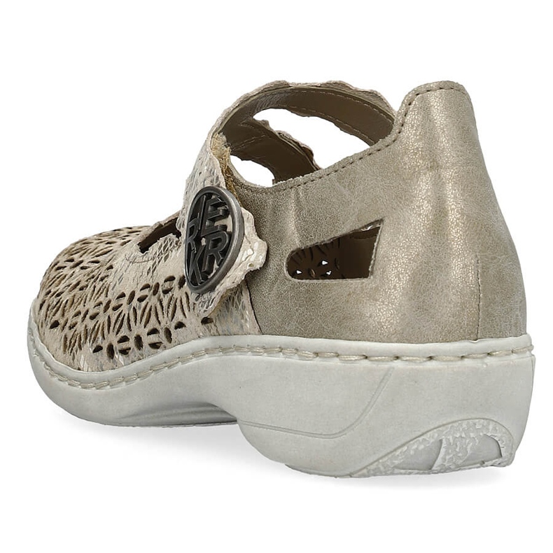 Zapatos mujer cómodos piel calada con velcro metalizado Rieker 413G4-90 beige 1