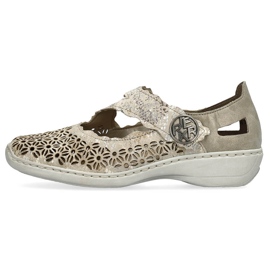 Zapatos mujer cómodos piel calada con velcro metalizado Rieker 413G4-90 beige 3
