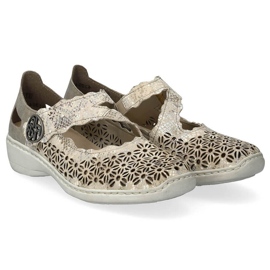 Zapatos mujer cómodos piel calada con velcro metalizado Rieker 413G4-90 beige 5