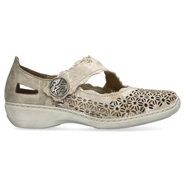 Zapatos mujer cómodos piel calada con velcro metalizado Rieker 413G4-90 beige 7