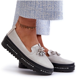Mocasines De Mujer De Piel Brillante Con Plataforma S.Barski LR400 Plata 8