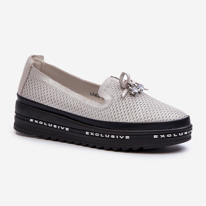Mocasines De Mujer De Piel Brillante Con Plataforma S.Barski LR400 Plata 1