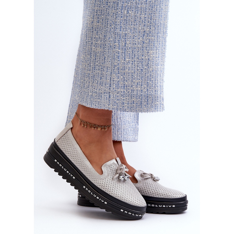 Mocasines De Mujer De Piel Brillante Con Plataforma S.Barski LR400 Plata 2