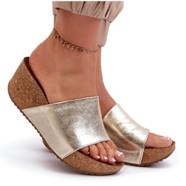 Zazoo 40289 Chanclas de Mujer de Piel con Cuña de Corcho, Dorado 9