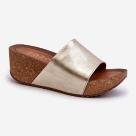 Zazoo 40289 Chanclas de Mujer de Piel con Cuña de Corcho, Dorado 1