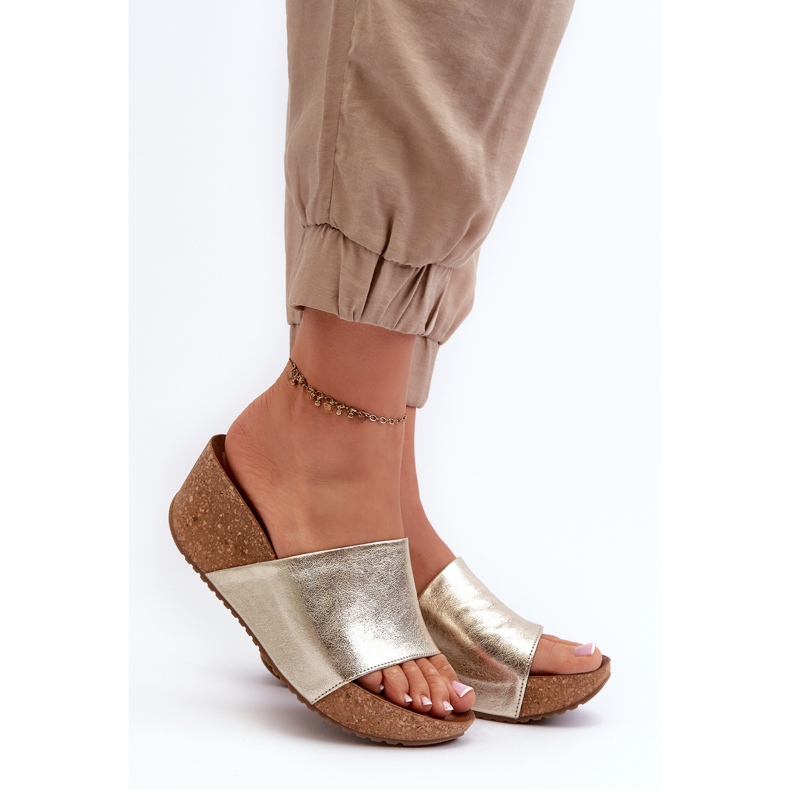 Zazoo 40289 Chanclas de Mujer de Piel con Cuña de Corcho, Dorado 2