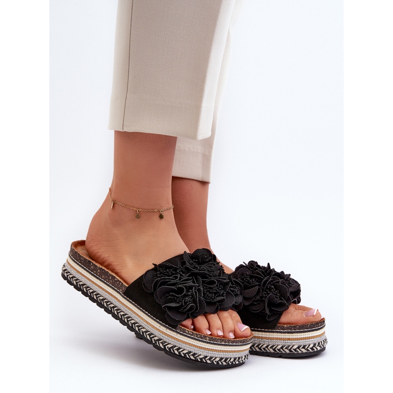 Chanclas de Mujer con Plataforma Decorada con Flores, Negro Nodina 1