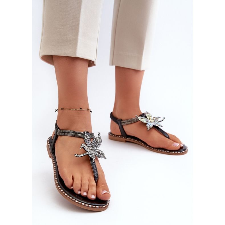 Sandalias planas de mujer con flor decorativa, Negro Edoni 2