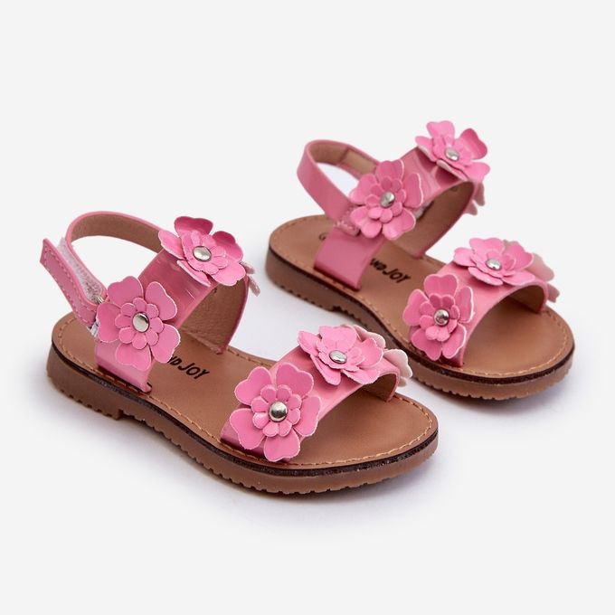 Sandalias Infantiles Lacadas Decoradas con Flores, Tinette Rosa 1