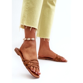 Chanclas de cuero ecológico de tacón plano marrón 3