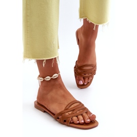 Chanclas de cuero ecológico de tacón plano marrón 4