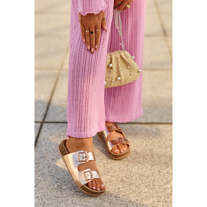 Evento Chanclas de Mujer con Plataforma de Corcho y Hebillas, Oro Rosa, Klinesta dorado 1