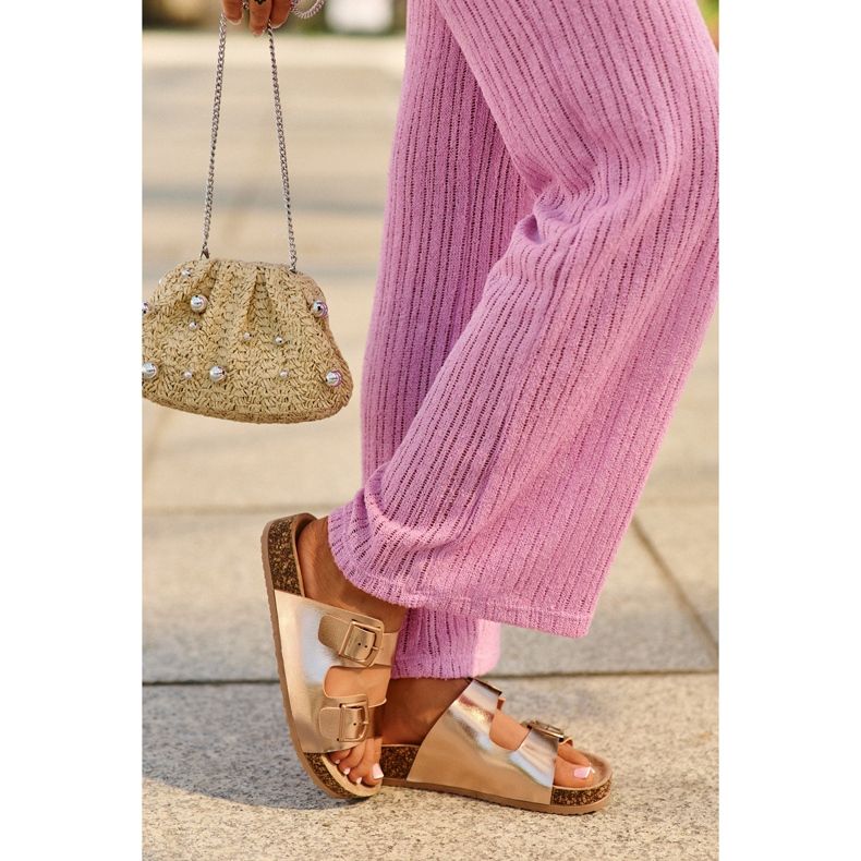 Evento Chanclas de Mujer con Plataforma de Corcho y Hebillas, Oro Rosa, Klinesta dorado 2