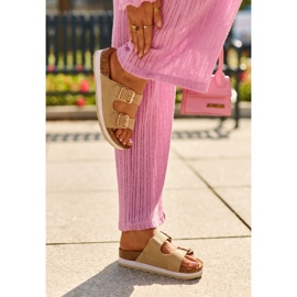 Chanclas De Mujer Con Plataforma Y Hebillas, Ante Ecológico Beige Ursila 3