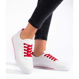 Zapatillas blancas de mujer con cordones rojos. blanco 2