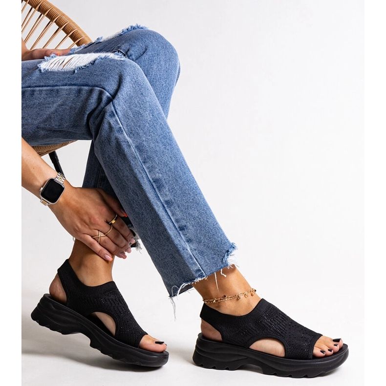 Sandalias de plataforma de tejido negro con pedrería Delmare 1