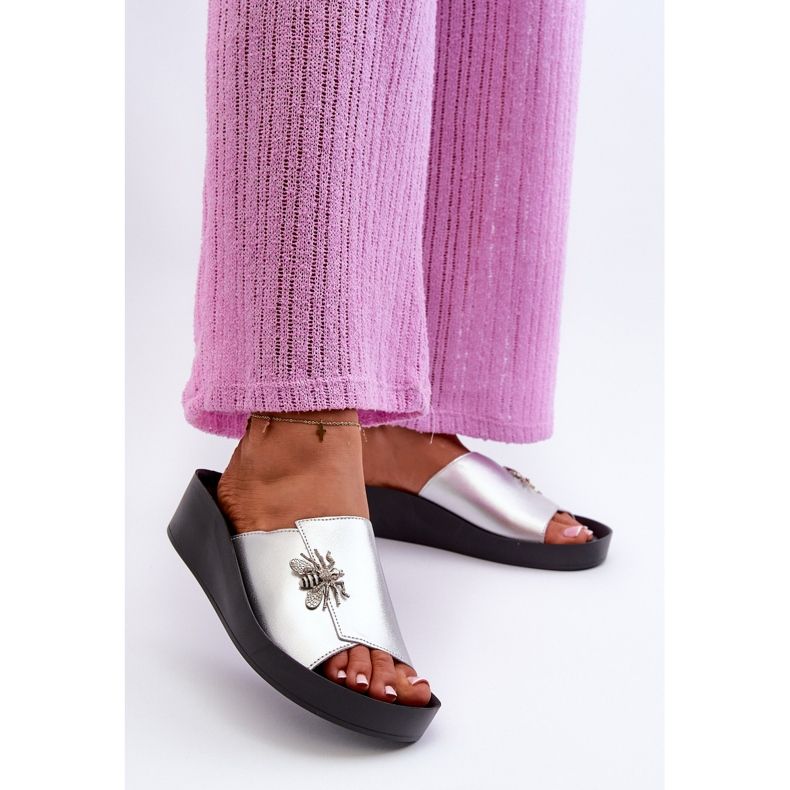 Chanclas Mujer Elegantes Con Adorno, Piel Natural S.Barski KV27-015 Plata 2