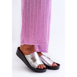 Chanclas Mujer Elegantes Con Adorno, Piel Natural S.Barski KV27-015 Plata 1