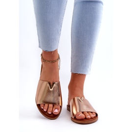 Evento Chanclas de mujer de piel ecológica con tacón plano, dorado Maliha 4