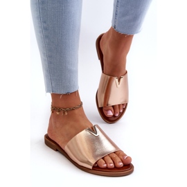 Evento Chanclas de mujer de piel ecológica con tacón plano, dorado Maliha 3