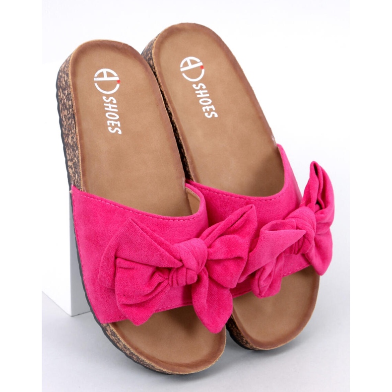 Babuchas Keitas de corcho fucsia con lazo rosa 1