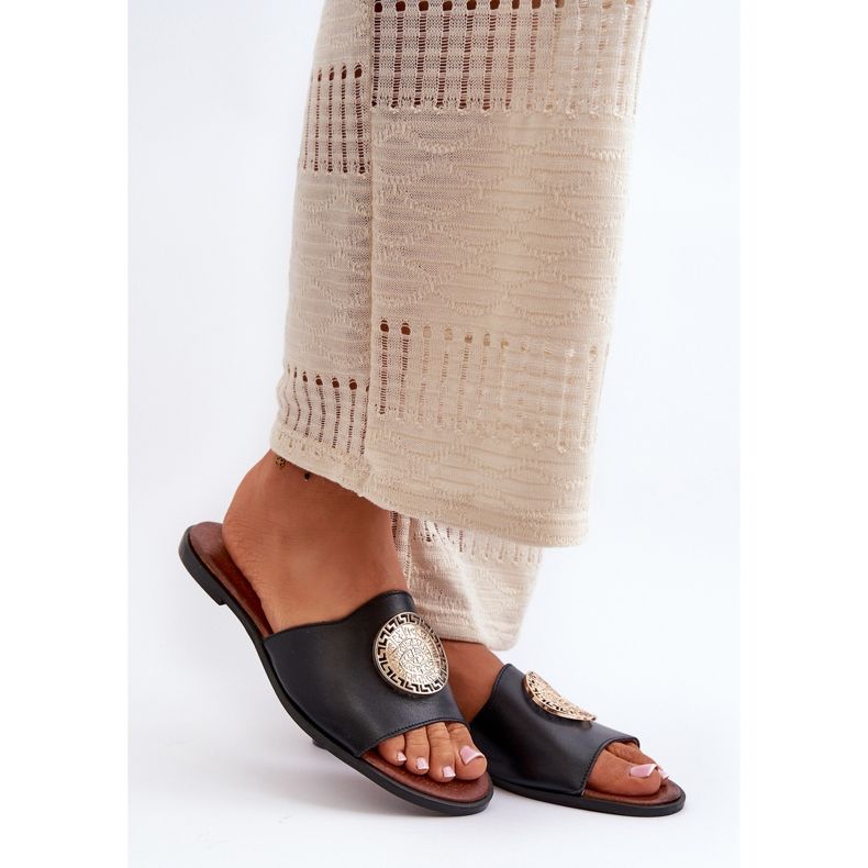 Zazoo 2938 Chanclas Planas De Piel Con Decoración, Negro 1