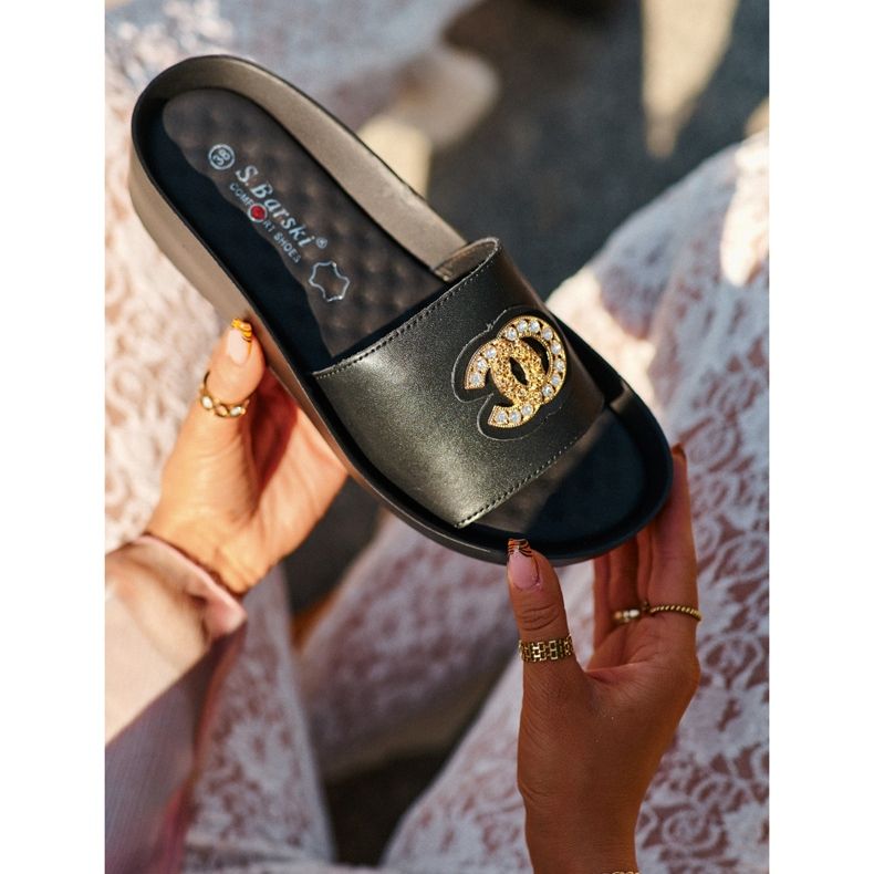 Chanclas de mujer elegantes y ligeras con decoración, piel natural S.Barski KV27-013, negro 2