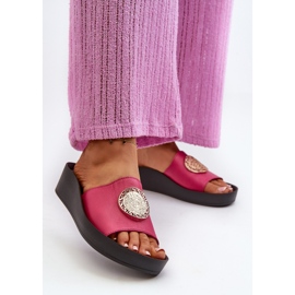 Zazoo 2920 Chanclas Mujer Piel Cuña Detalles Dorados Fucsia rosado 3