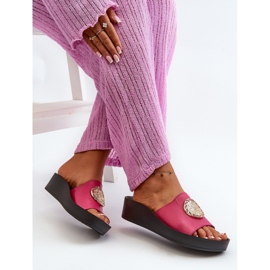 Zazoo 2920 Chanclas Mujer Piel Cuña Detalles Dorados Fucsia rosado 7