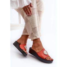 Zazoo 2920 Chanclas Mujer Piel Cuña Detalles Dorados, Naranja 6