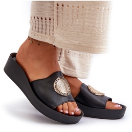 Zazoo 2920 Chanclas Mujer Piel Cuña Detalles Dorados Negro 9