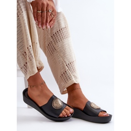 Zazoo 2920 Chanclas Mujer Piel Cuña Detalles Dorados Negro 8