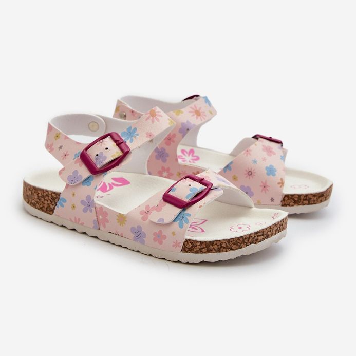 Sandalias infantiles con flores y hebillas rosa Memoria 1